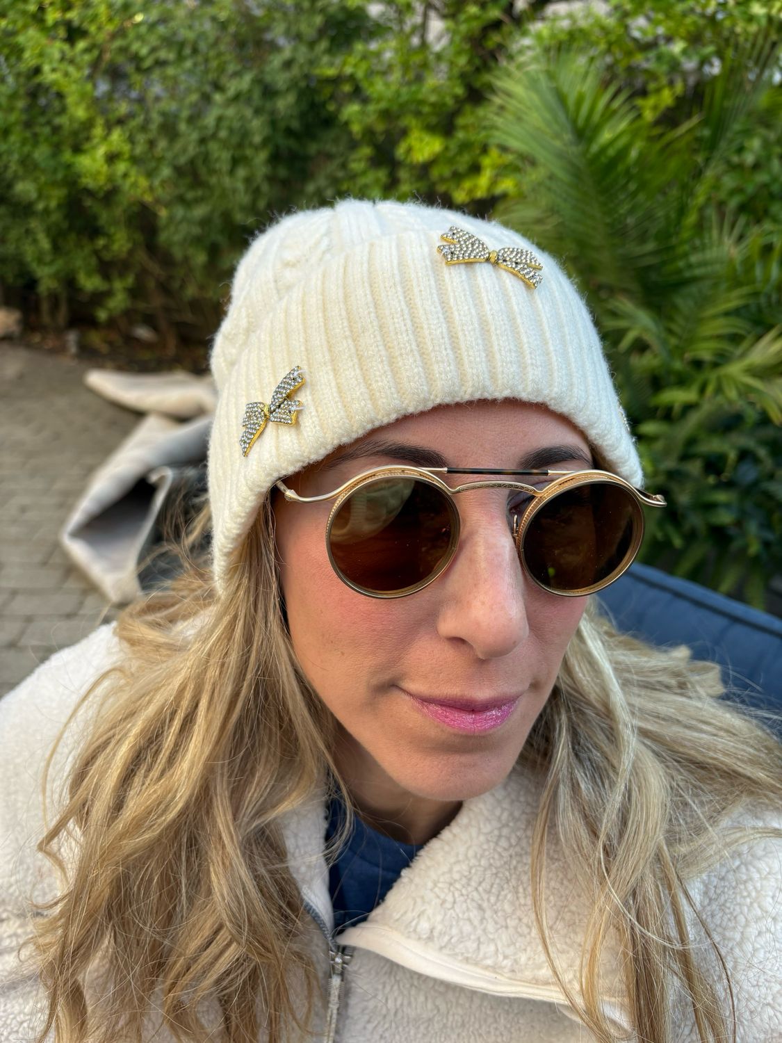 Rhinestone Bow Cable  Knit Fold-Over hats