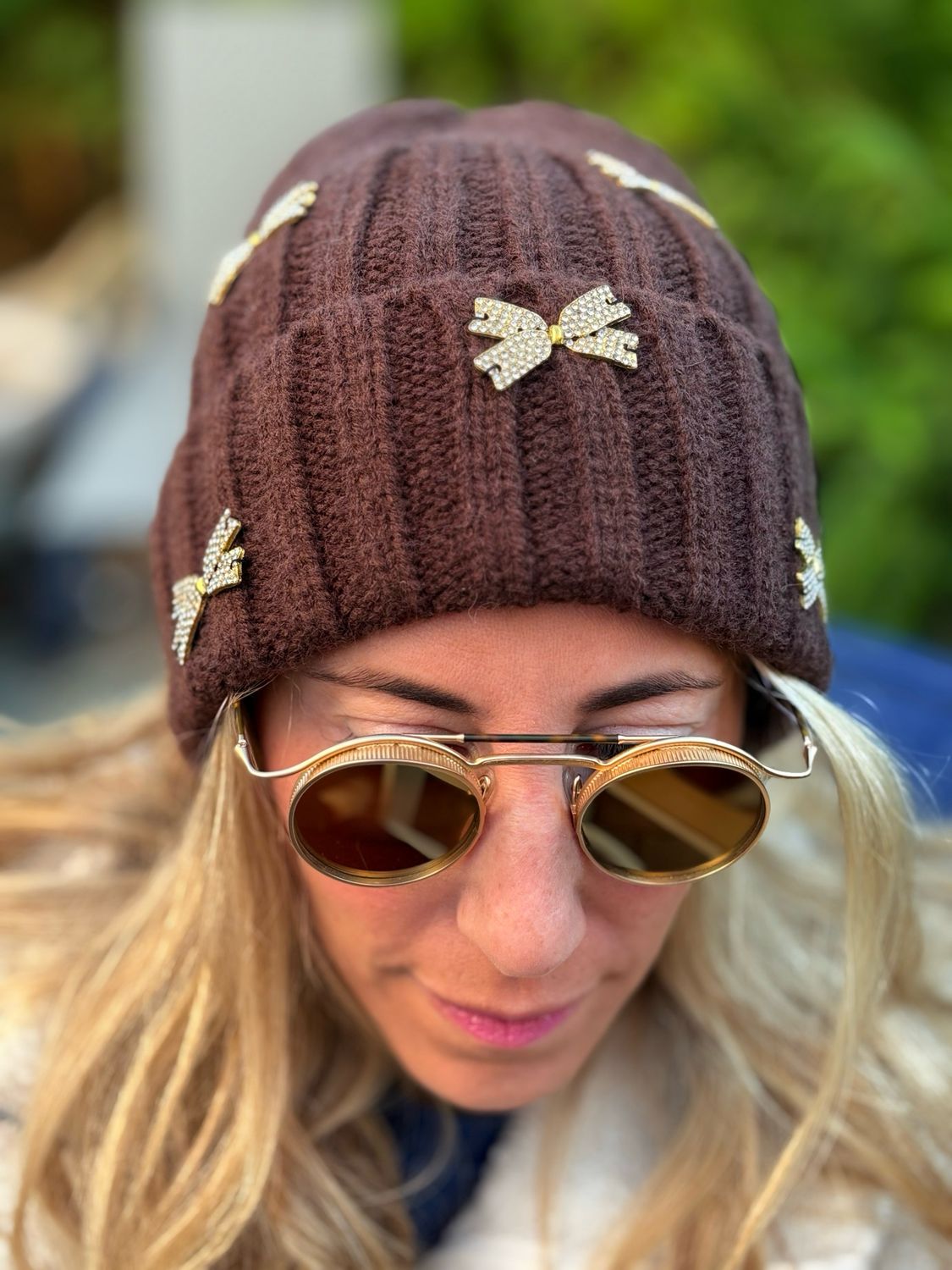 Rhinestone Bow Ribbed Knit Fold-Over hats