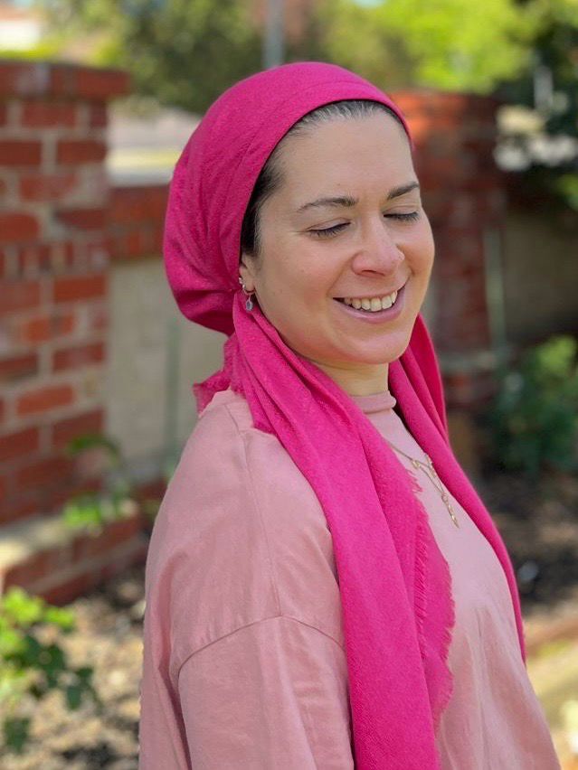 Hot pink solid - long kerchief back - soft fringes pretied tichel (BBS) w/band sewn in