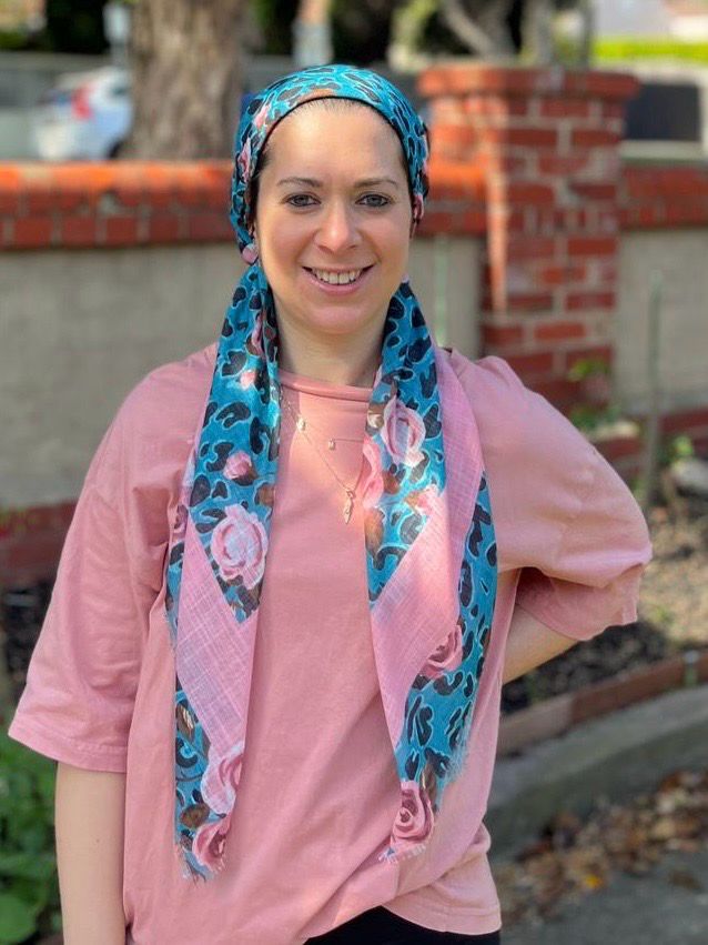 Pink/teal animal and floral patterned -  soft fringed tichel