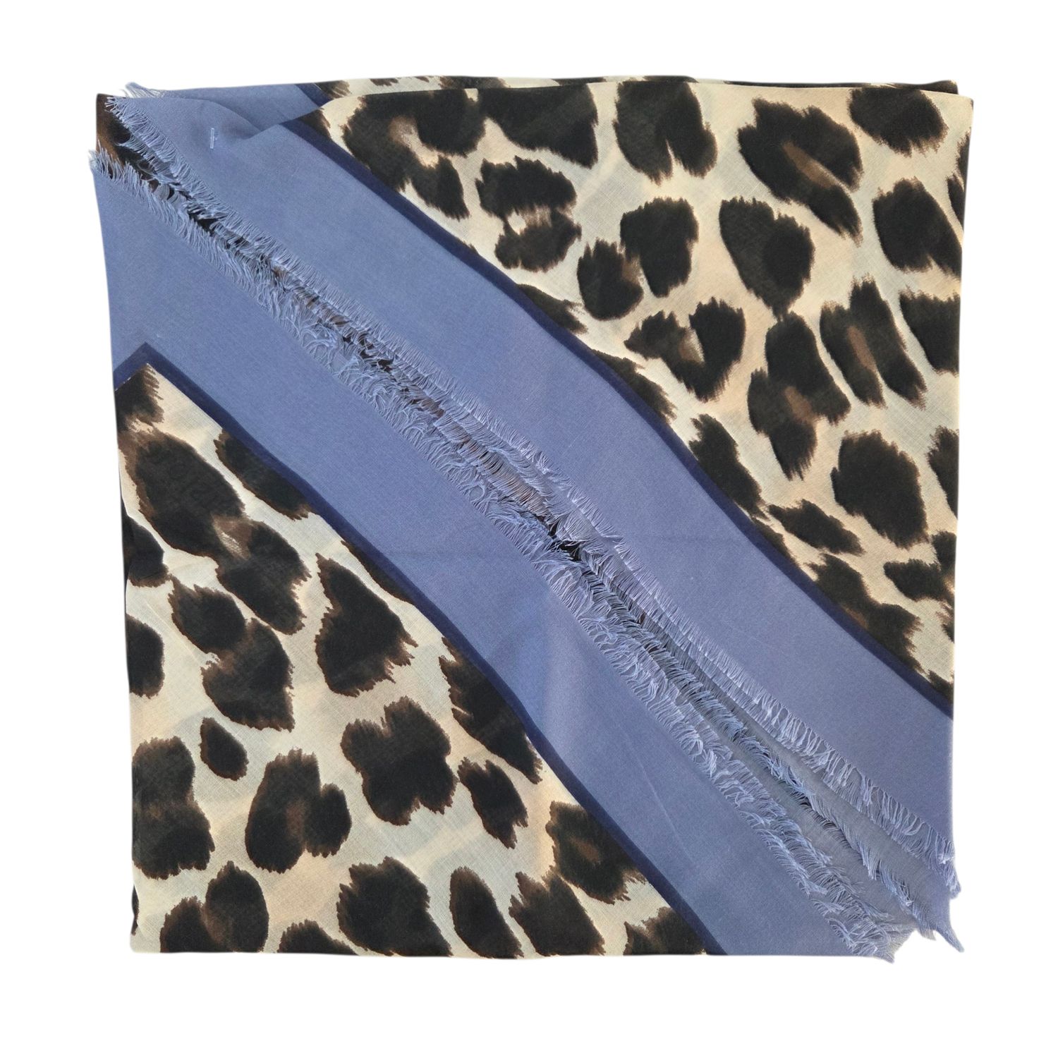 Leopard print tichel w/band sewn in - light denim border