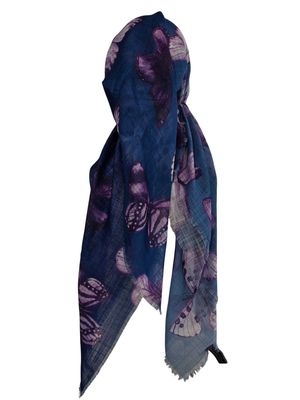 Dark blue shaded butterflies -  long kerchief back - soft fringes pretied tichel (BBS) w/band sewn in