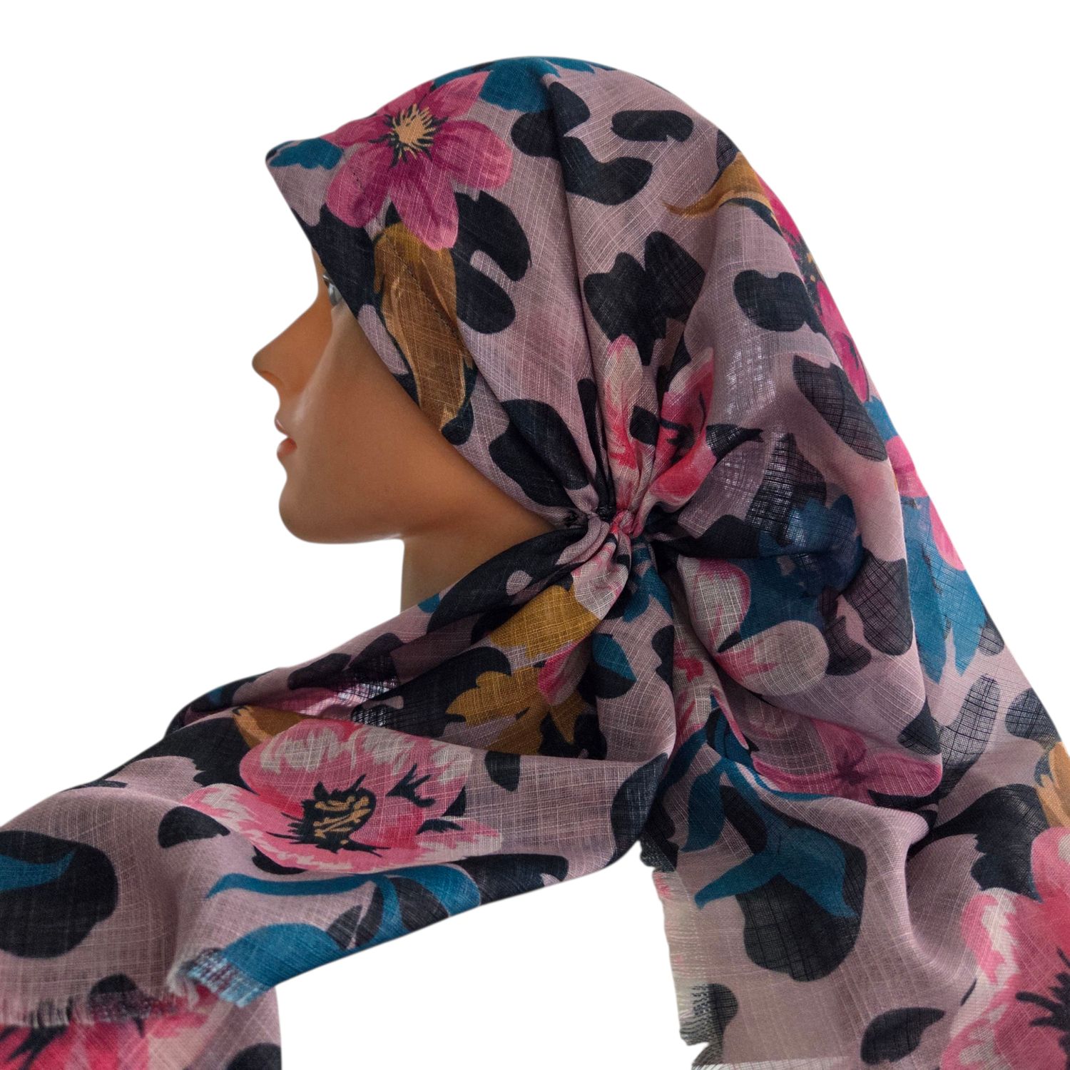 Mauve pretty floral -  long kerchief back - soft fringes pretied tichel (BBS) w/band sewn in