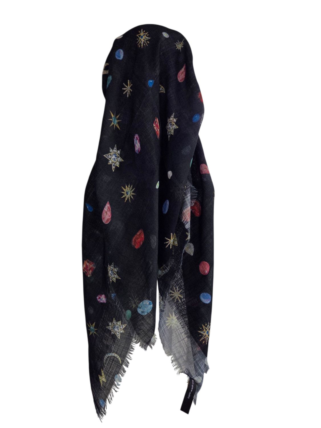 Black denim - symbols-  long kerchief back - soft fringes pretied tichel (BBS) w/band sewn in