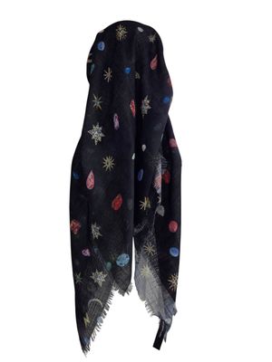 Black denim - symbols-  long kerchief back - soft fringes pretied tichel (BBS) w/band sewn in