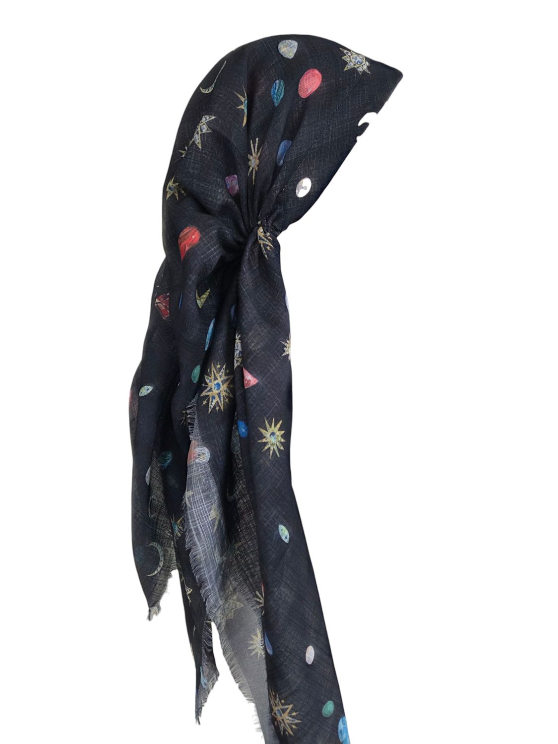 Black denim - symbols-  long kerchief back - soft fringes pretied tichel (BBS) w/band sewn in
