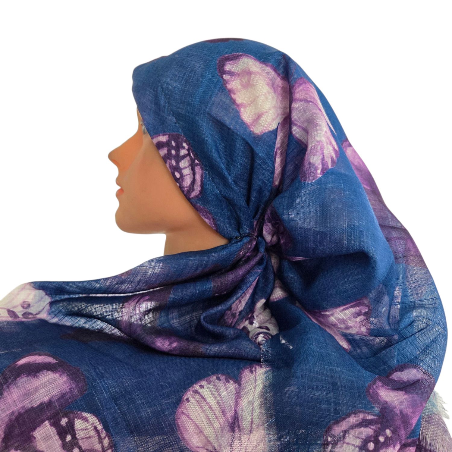 Dark blue shaded butterflies -  long kerchief back - soft fringes pretied tichel (BBS) w/band sewn in