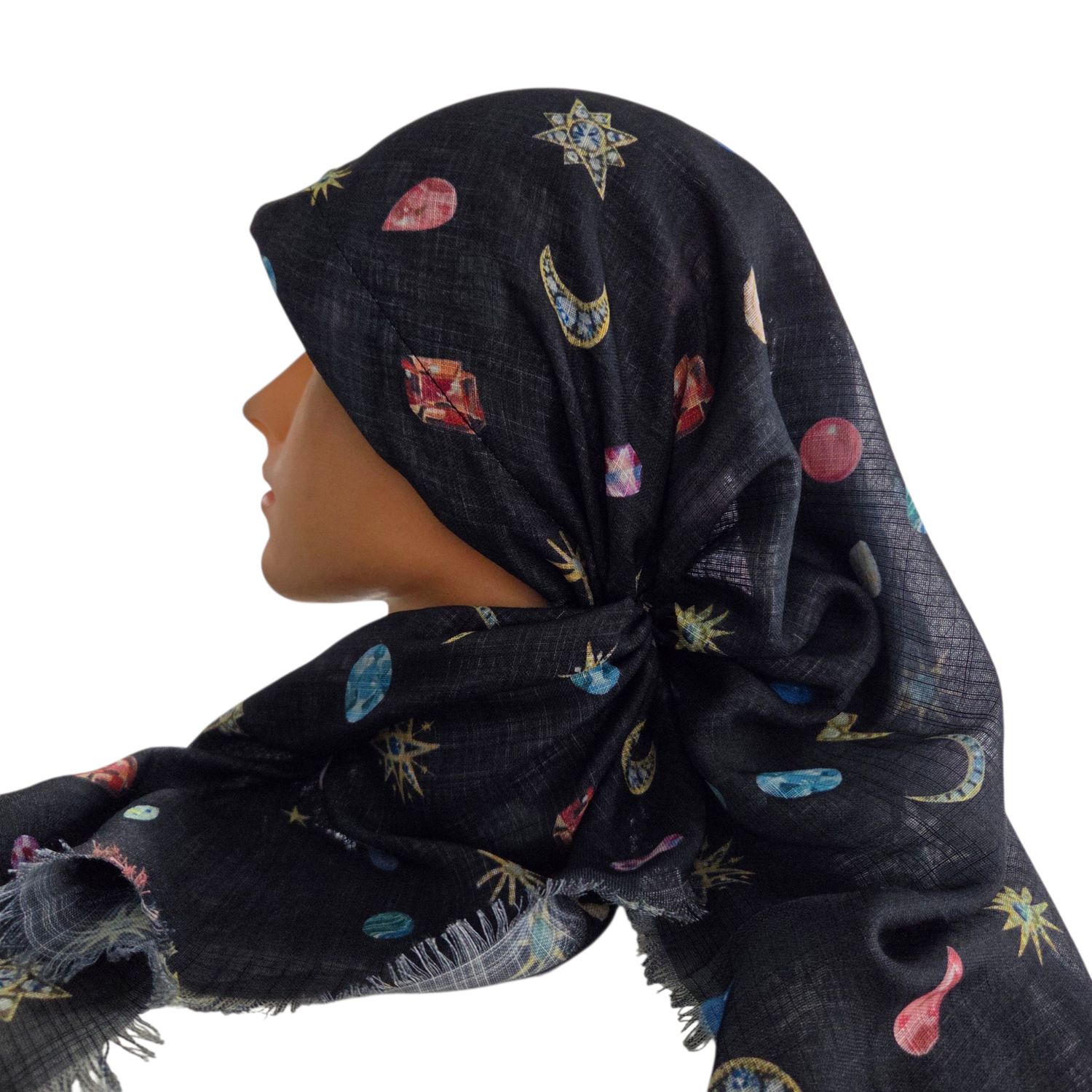 Black denim - symbols-  long kerchief back - soft fringes pretied tichel (BBS) w/band sewn in