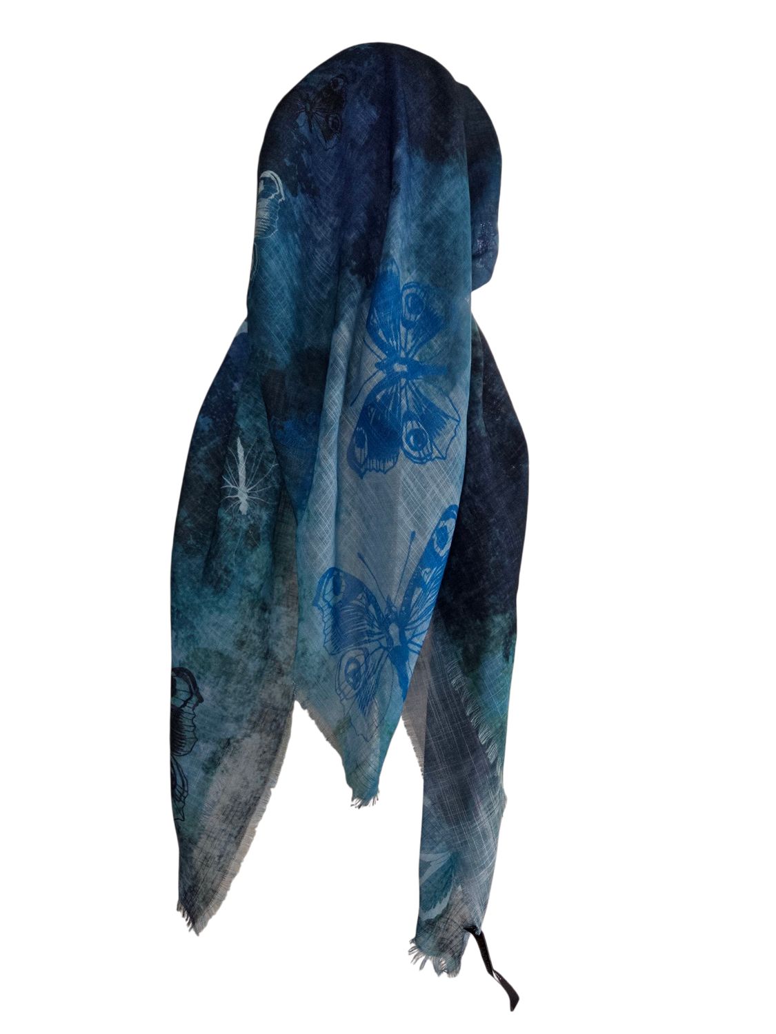 Teal shaded butterflies -  long kerchief back - soft fringes pretied tichel (BBS) w/band sewn in