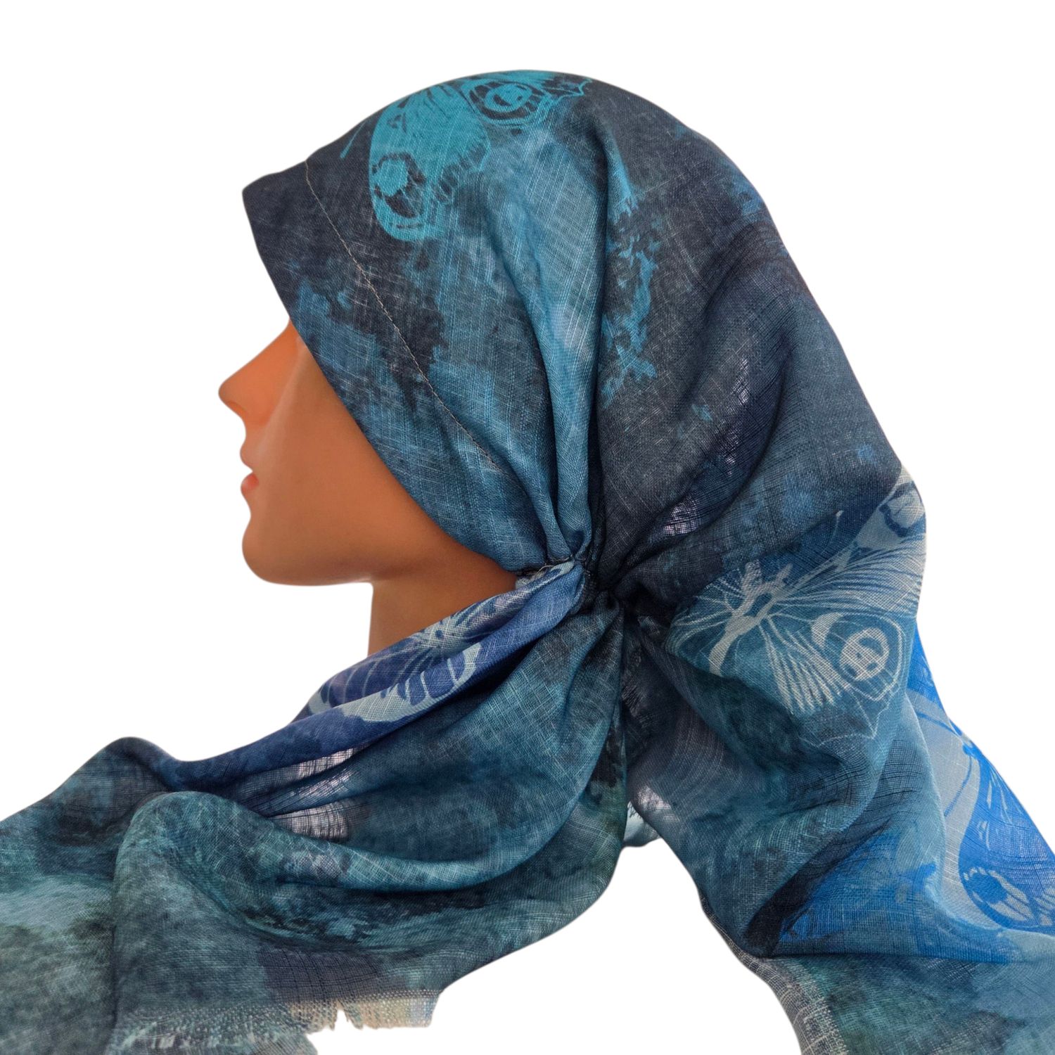 Teal shaded butterflies -  long kerchief back - soft fringes pretied tichel (BBS) w/band sewn in