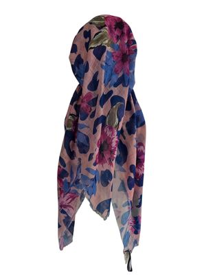 Peachy pretty floral -  long kerchief back - soft fringes pretied tichel (BBS) w/band sewn in