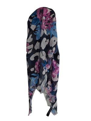 Black pretty floral -  long kerchief back - soft fringes pretied tichel (BBS) w/band sewn in