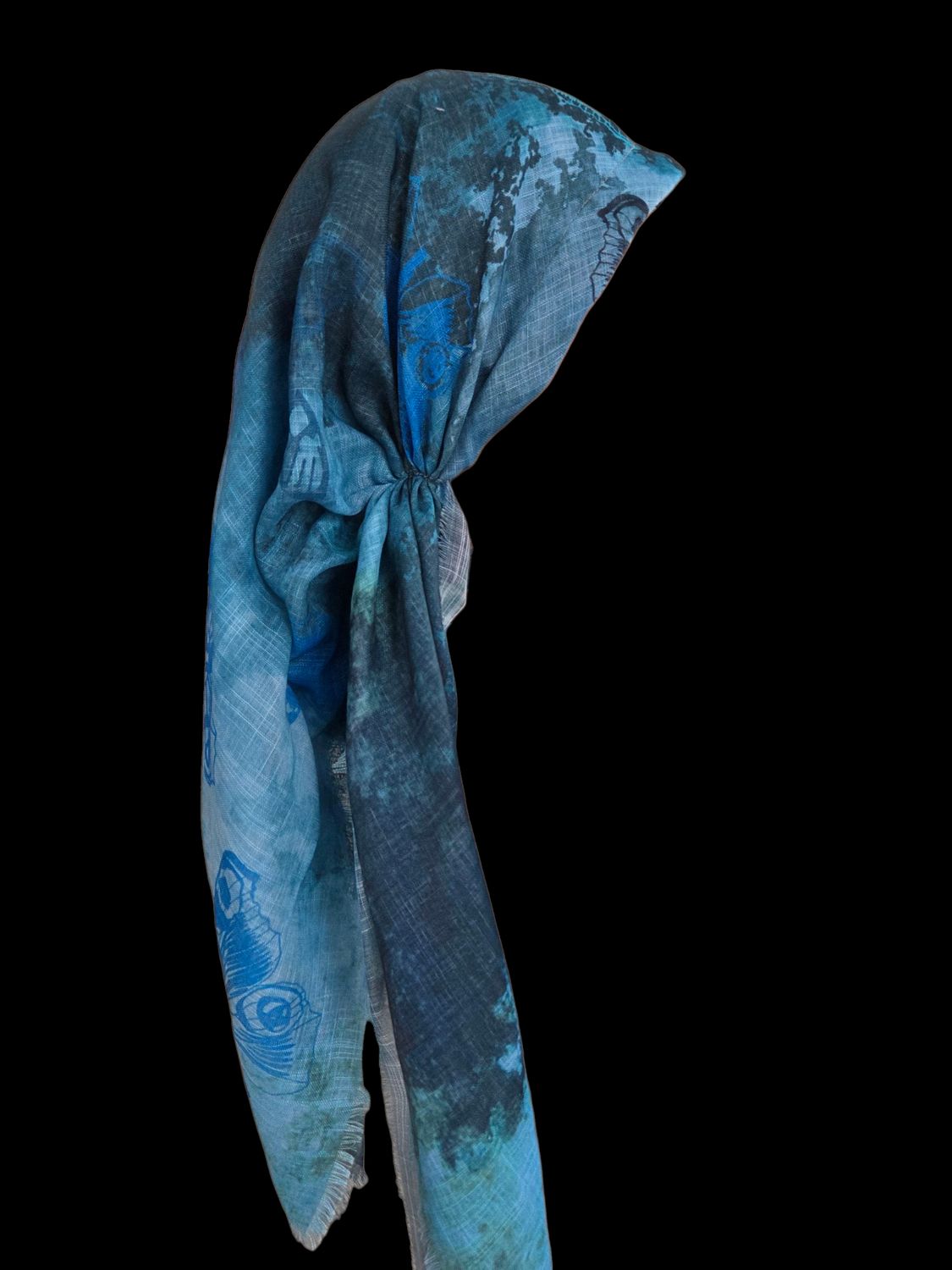 Teal shaded butterflies -  long kerchief back - soft fringes pretied tichel (BBS) w/band sewn in