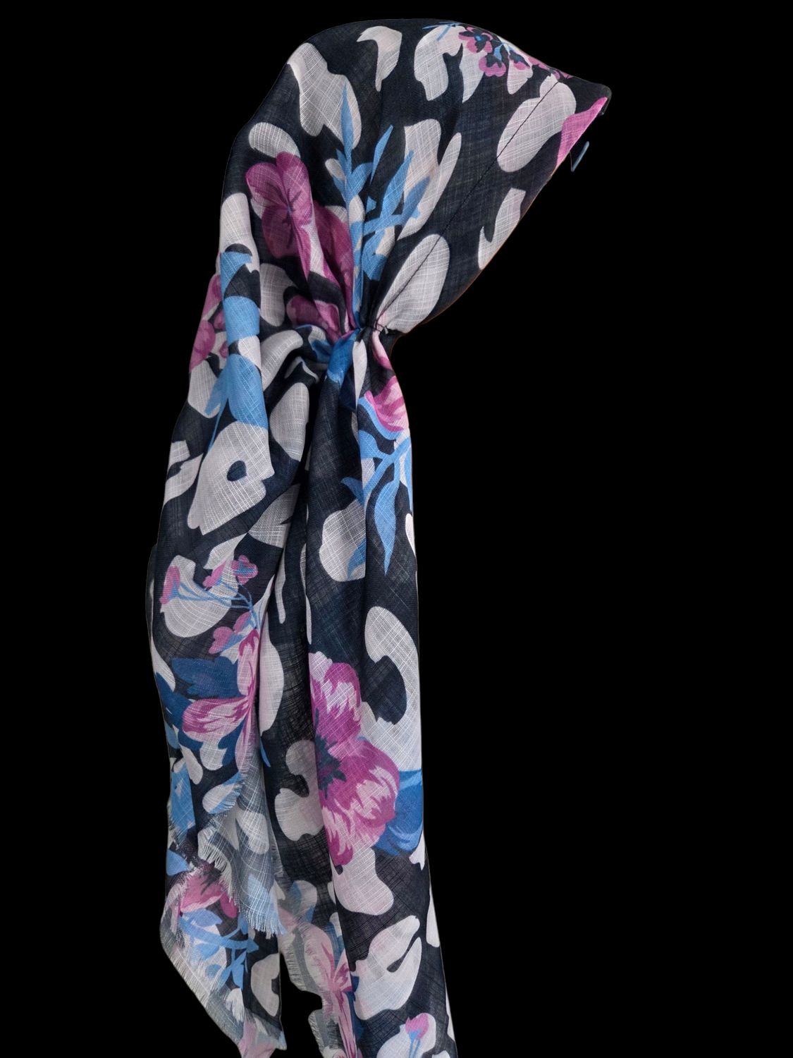 Black pretty floral -  long kerchief back - soft fringes pretied tichel (BBS) w/band sewn in