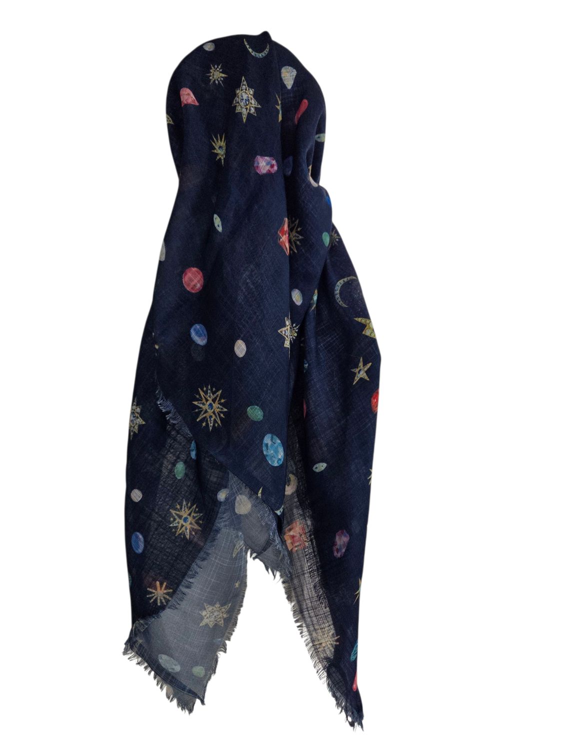 Blue denim - symbols-  long kerchief back - soft fringes pretied tichel (BBS) w/band sewn in