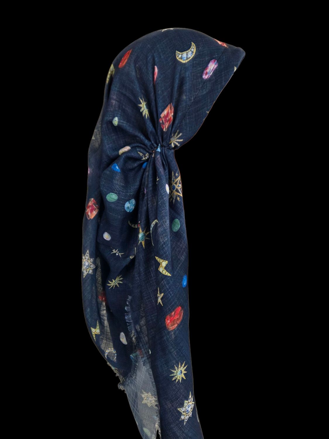 Blue denim - symbols-  long kerchief back - soft fringes pretied tichel (BBS) w/band sewn in