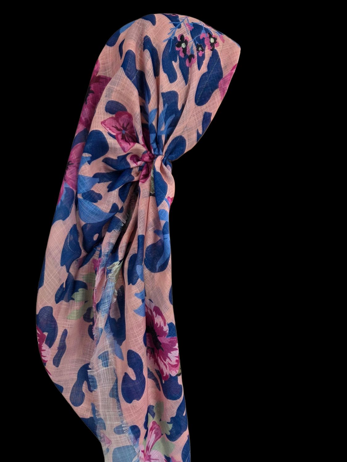 Peachy pretty floral -  long kerchief back - soft fringes pretied tichel (BBS) w/band sewn in