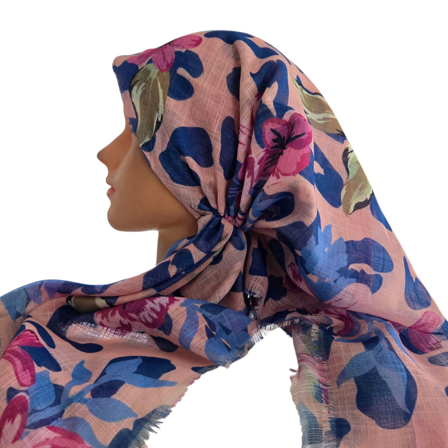 Peachy pretty floral -  long kerchief back - soft fringes pretied tichel (BBS) w/band sewn in