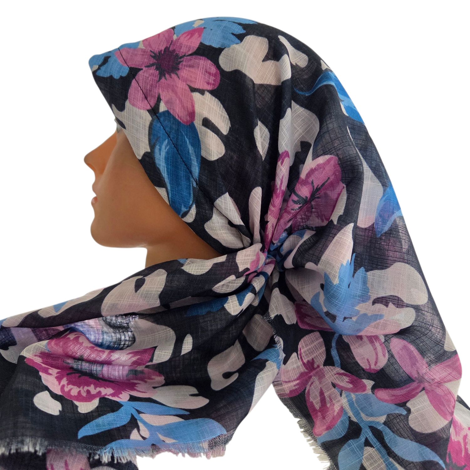 Black pretty floral -  long kerchief back - soft fringes pretied tichel (BBS) w/band sewn in