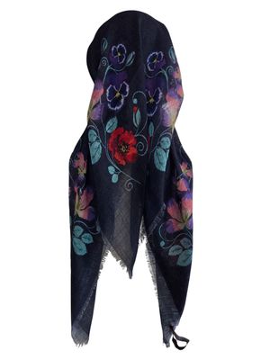 Dark blue denim/floral - long kerchief back - soft fringes pretied tichel (BBS) w/band sewn in