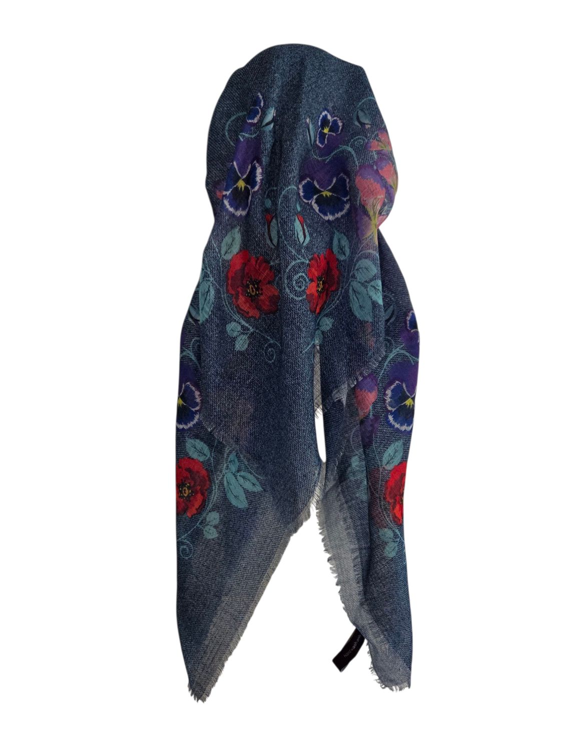 Light blue denim/floral - long kerchief back - soft fringes pretied tichel (BBS) w/band sewn in