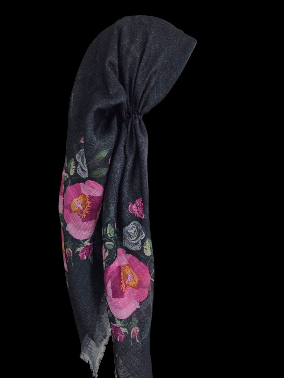 Black denim/floral - long kerchief back - soft fringes pretied tichel (BBS) w/band sewn in
