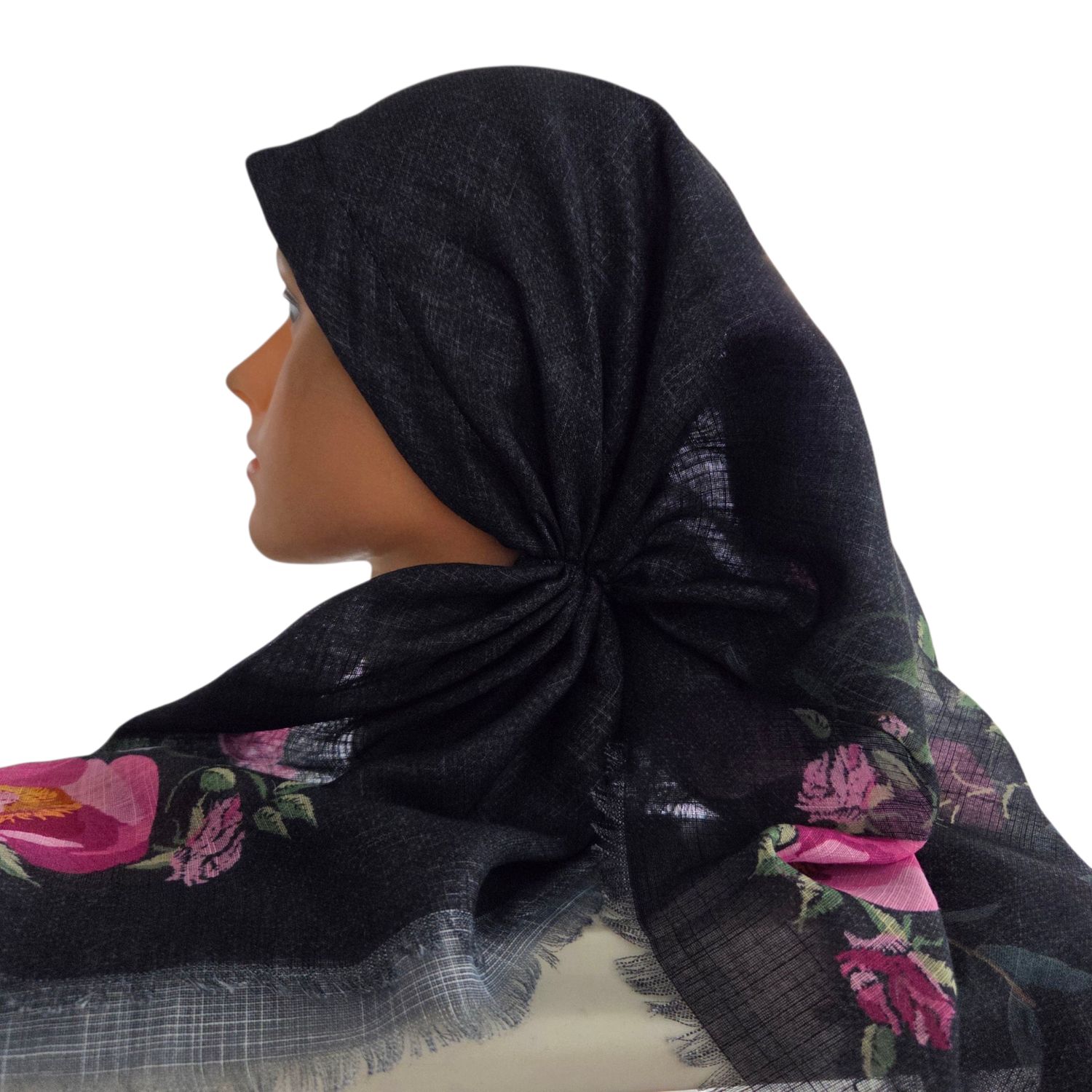 Black denim/floral - long kerchief back - soft fringes pretied tichel (BBS) w/band sewn in