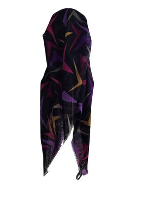 Black multicolored w/purple -  long kerchief back - soft fringes pretied tichel (BBS) w/band sewn in