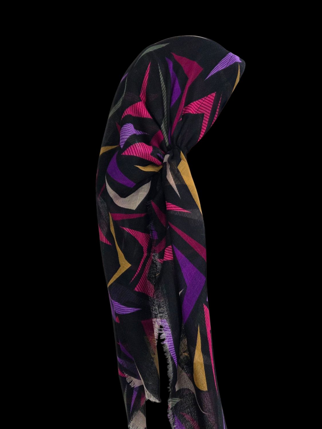 Black multicolored w/purple -  long kerchief back - soft fringes pretied tichel (BBS) w/band sewn in