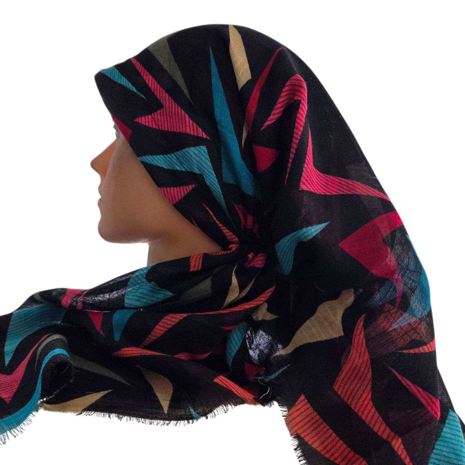 Black multicolored w/turquoise -  long kerchief back - soft fringes pretied tichel (BBS) w/band sewn in
