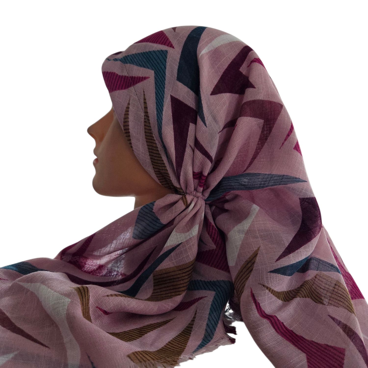 Pink multicolored  -  long kerchief back - soft fringes pretied tichel (BBS) w/band sewn in