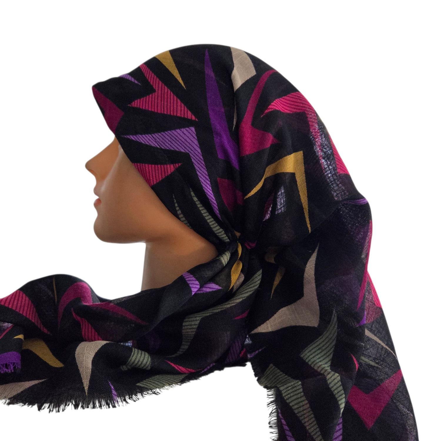 Black multicolored w/purple -  long kerchief back - soft fringes pretied tichel (BBS) w/band sewn in