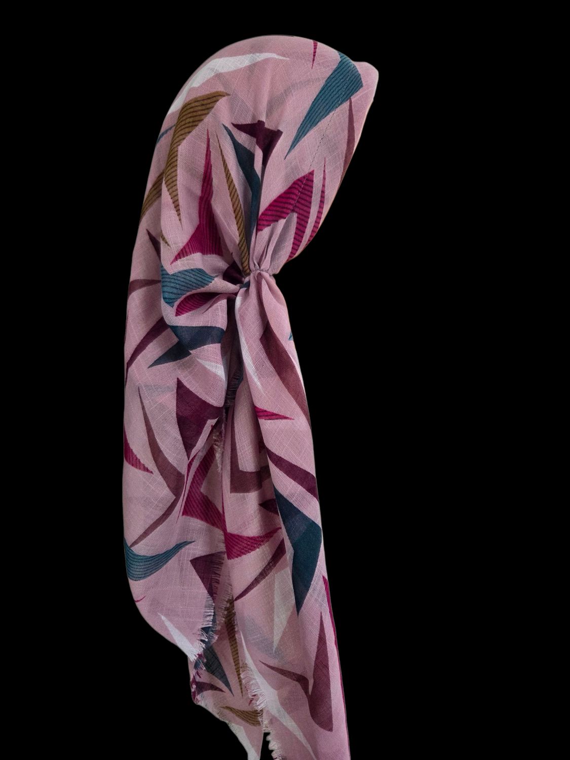 Pink multicolored  -  long kerchief back - soft fringes pretied tichel (BBS) w/band sewn in