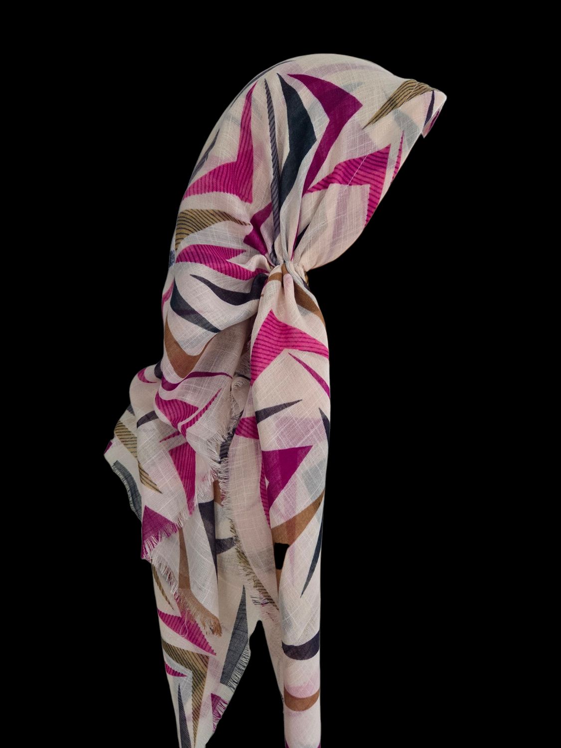 Cream multicolored  -  long kerchief back - soft fringes pretied tichel (BBS) w/band sewn in