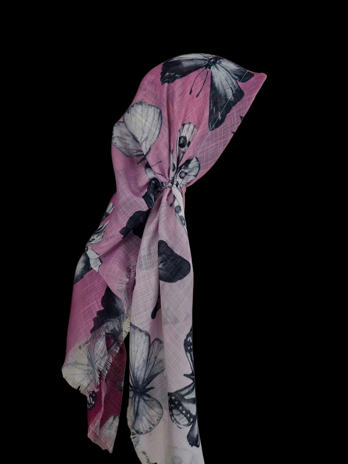 Magenta shaded butterflies -  long kerchief back - soft fringes pretied tichel (BBS) w/band sewn in