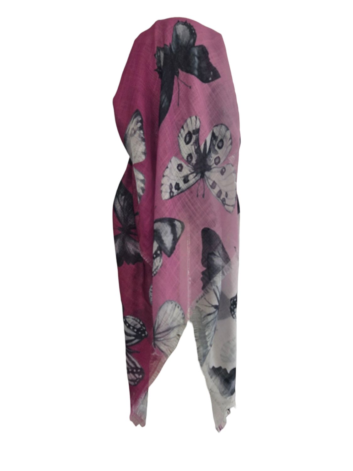Magenta shaded butterflies -  long kerchief back - soft fringes pretied tichel (BBS) w/band sewn in