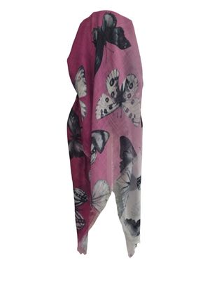 Magenta shaded butterflies -  long kerchief back - soft fringes pretied tichel (BBS) w/band sewn in