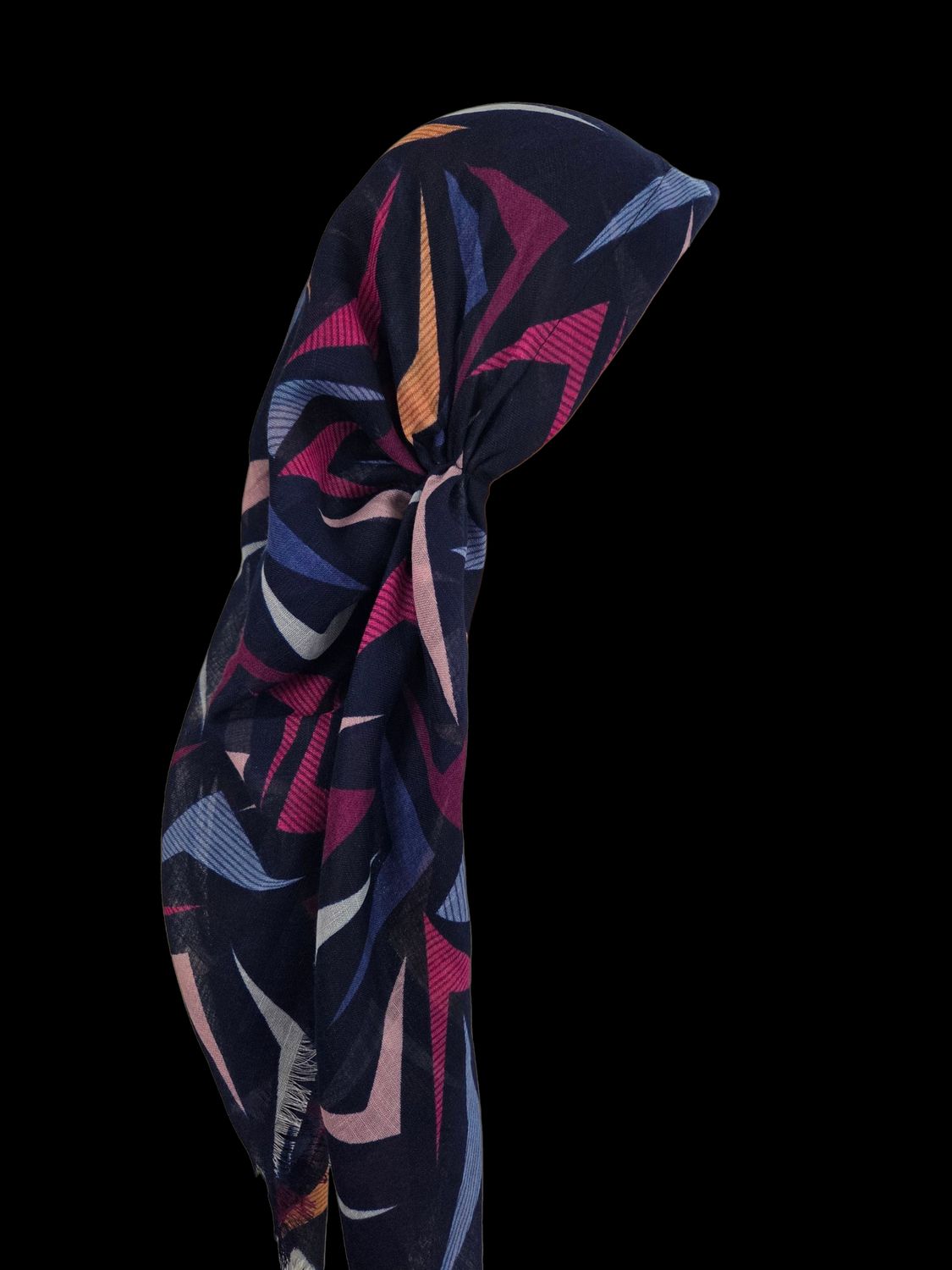 Navy multicolored  -  long kerchief back - soft fringes pretied tichel (BBS) w/band sewn in