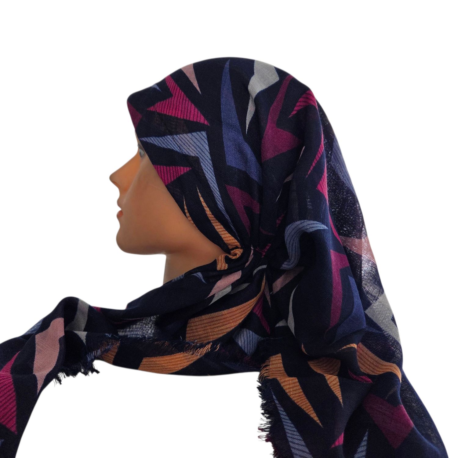 Navy multicolored  -  long kerchief back - soft fringes pretied tichel (BBS) w/band sewn in