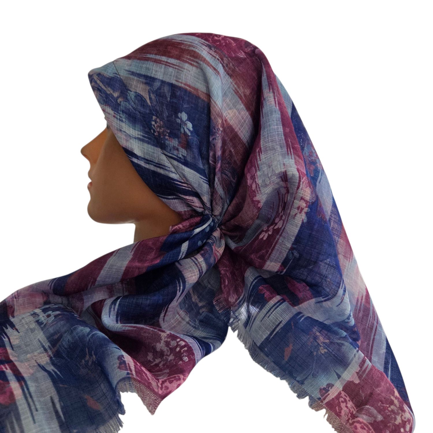 Multi colored burgundy  -  long kerchief back - soft fringes pretied tichel (BBS) w/band sewn in