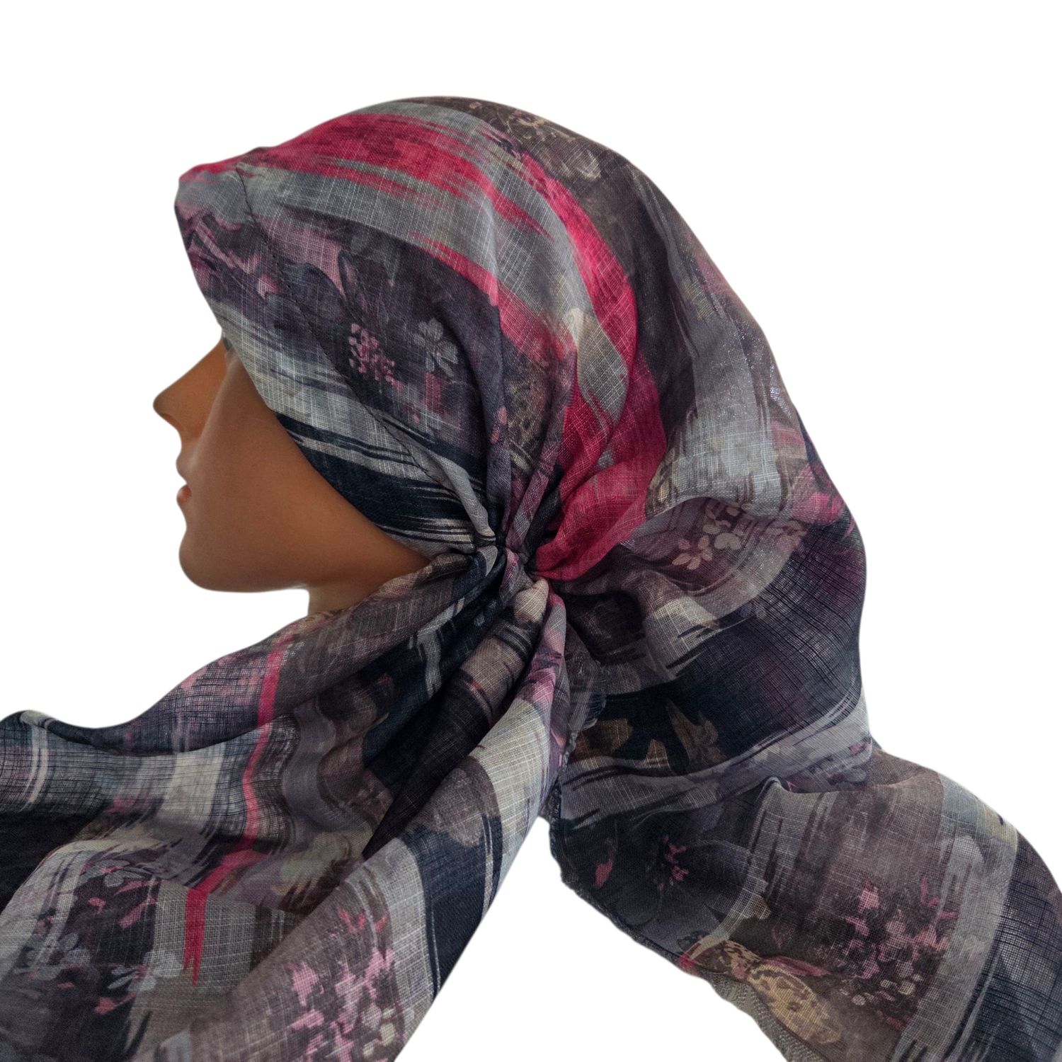 Multi colored gray -  long kerchief back - soft fringes pretied tichel (BBS) w/band sewn in