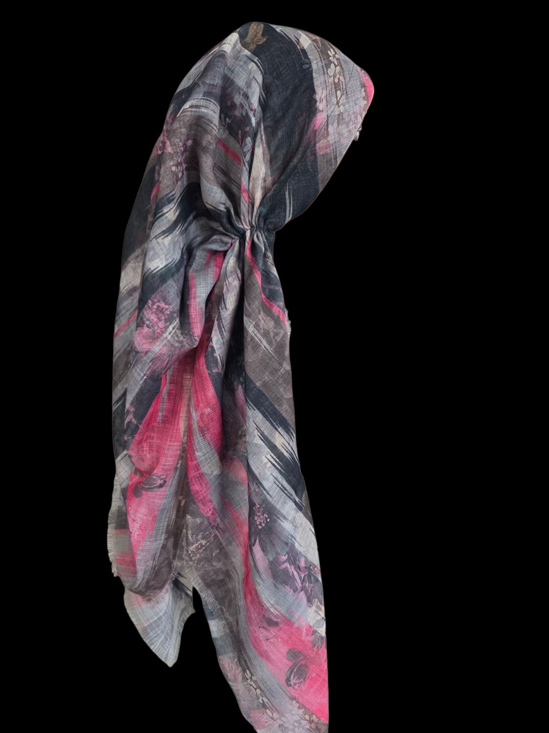 Multi colored gray -  long kerchief back - soft fringes pretied tichel (BBS) w/band sewn in