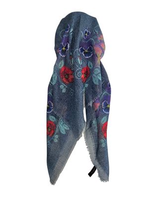 Medium blue denim/floral - long kerchief back - soft fringes pretied tichel (BBS) w/band sewn in