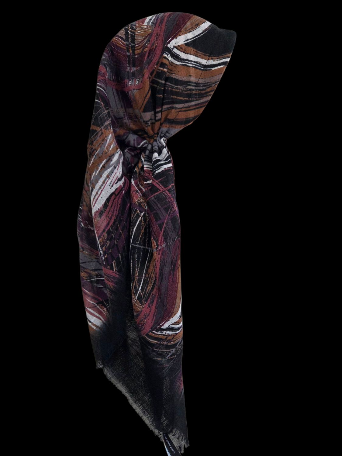 Autumn brushstrokes - black - long kerchief back - soft fringes pretied tichel (BBS) w/band sewn in
