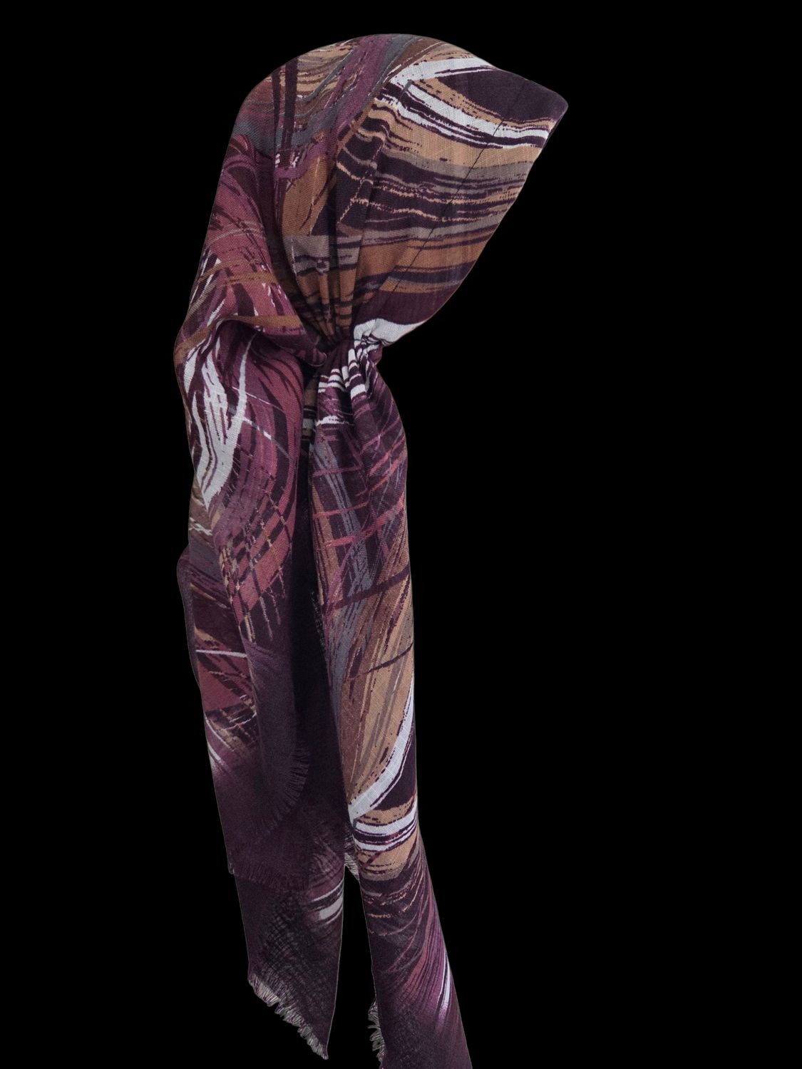 Autumn brushstrokes - deep wine - long kerchief back - soft fringes pretied tichel (BBS) w/band sewn in