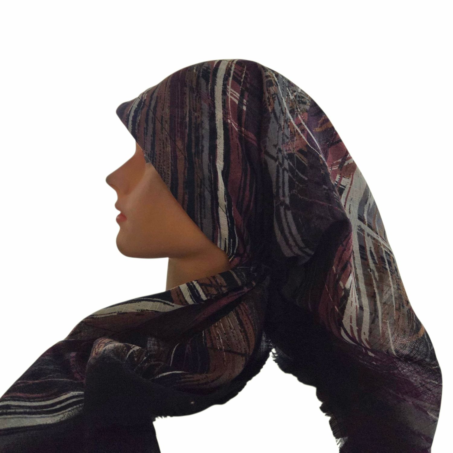 Autumn brushstrokes - black - long kerchief back - soft fringes pretied tichel (BBS) w/band sewn in