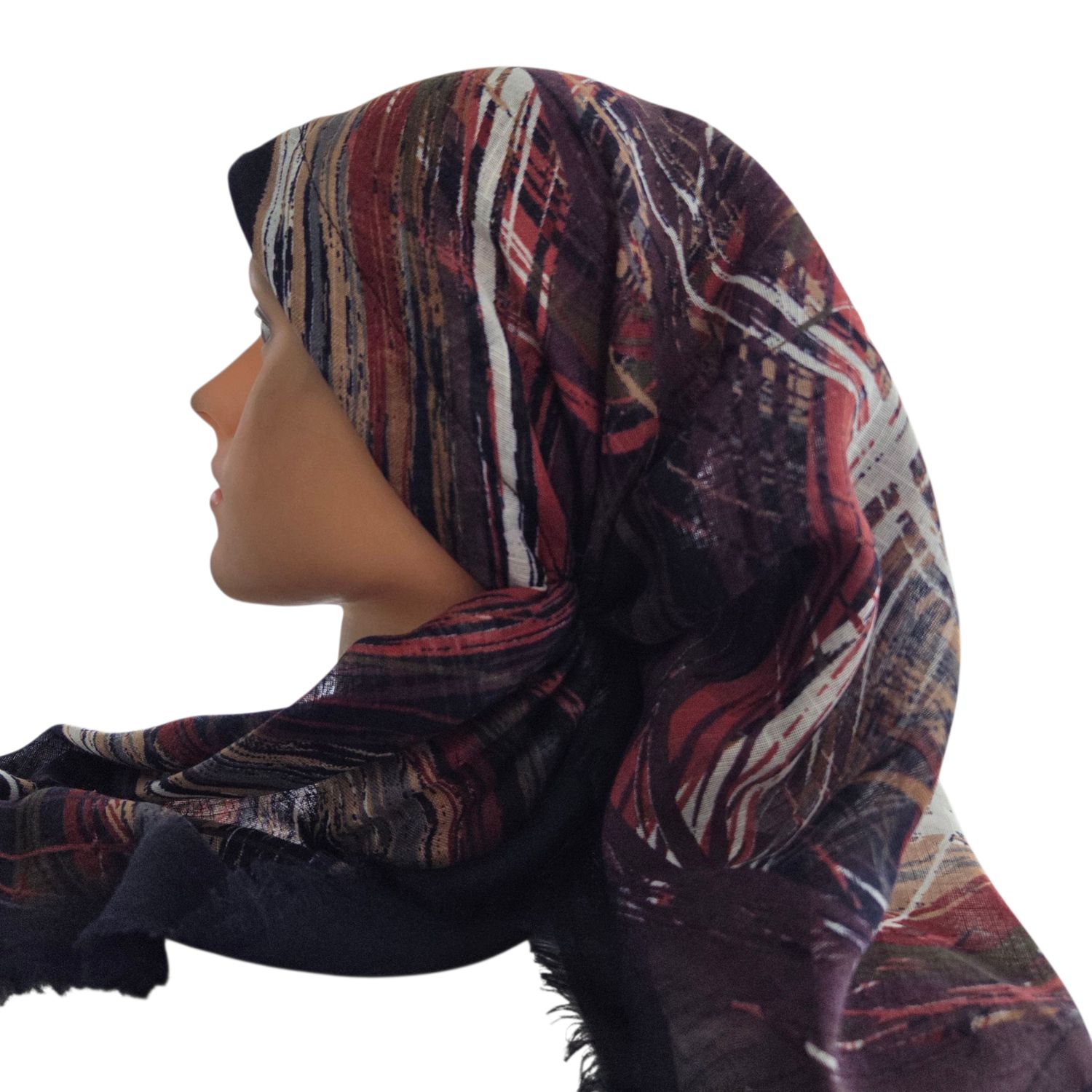 Autumn brushstrokes - navy - long kerchief back - soft fringes pretied tichel (BBS) w/band sewn in