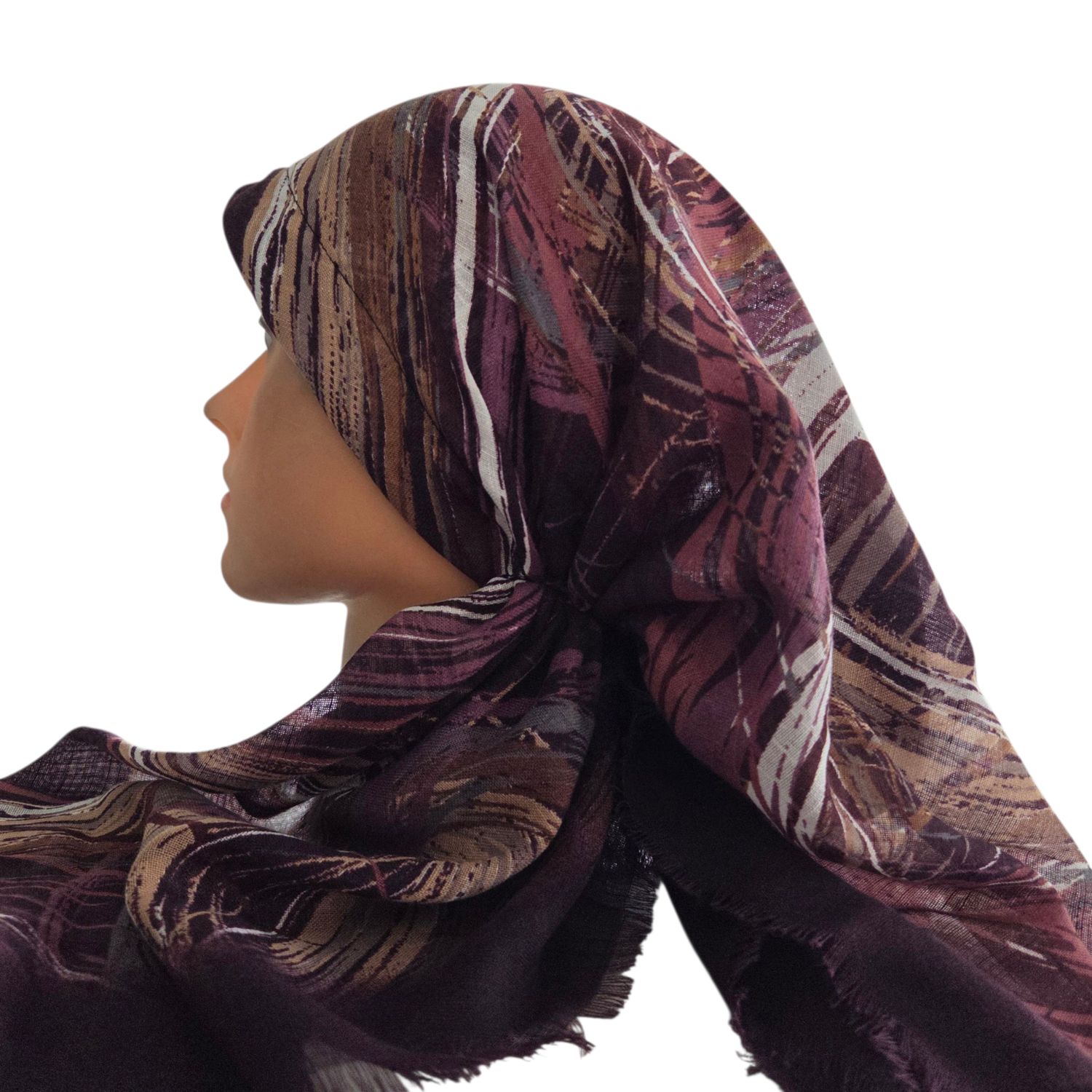Autumn brushstrokes - deep wine - long kerchief back - soft fringes pretied tichel (BBS) w/band sewn in