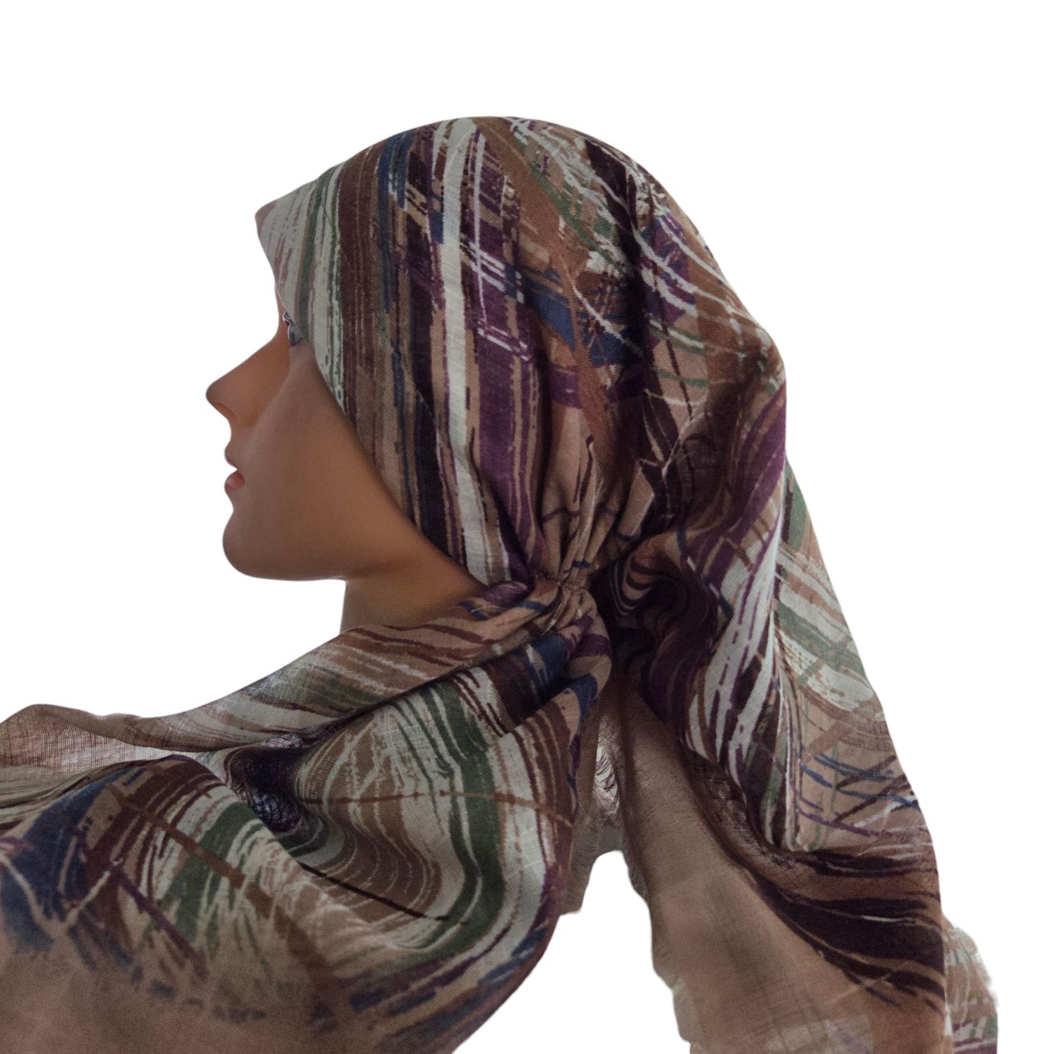 Autumn brushstrokes - tan - long kerchief back - soft fringes pretied tichel (BBS) w/band sewn in