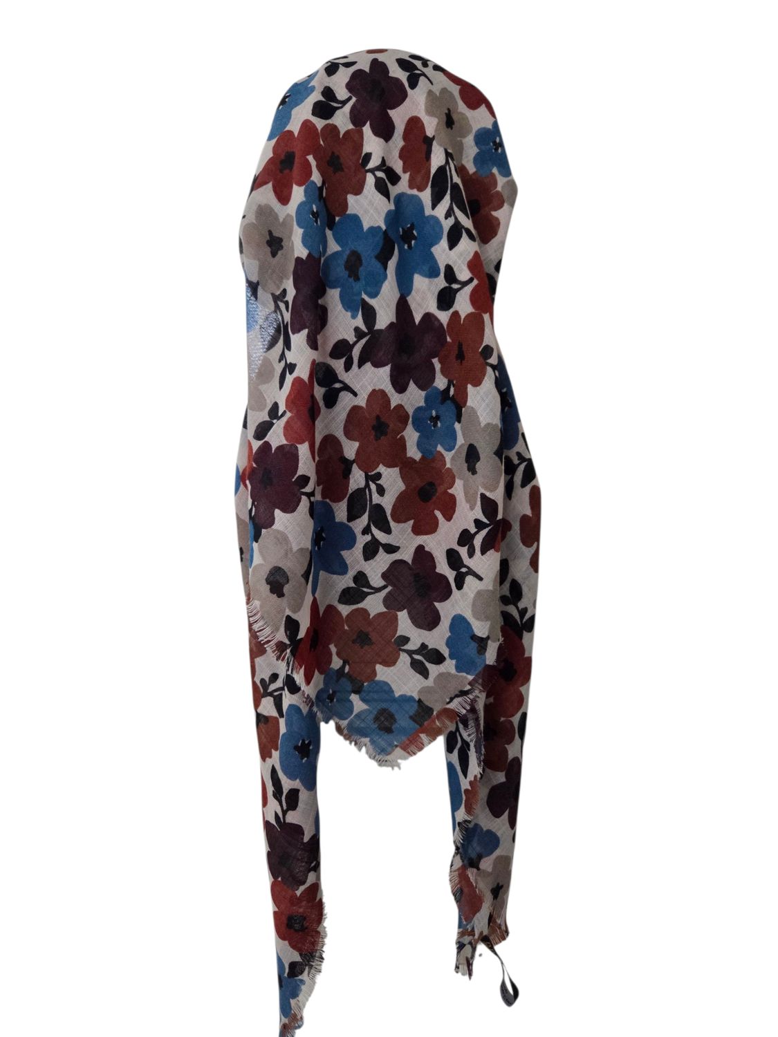 Teal blue - Autumn floral  - long kerchief back - soft fringes pretied tichel (BBS) w/band sewn in